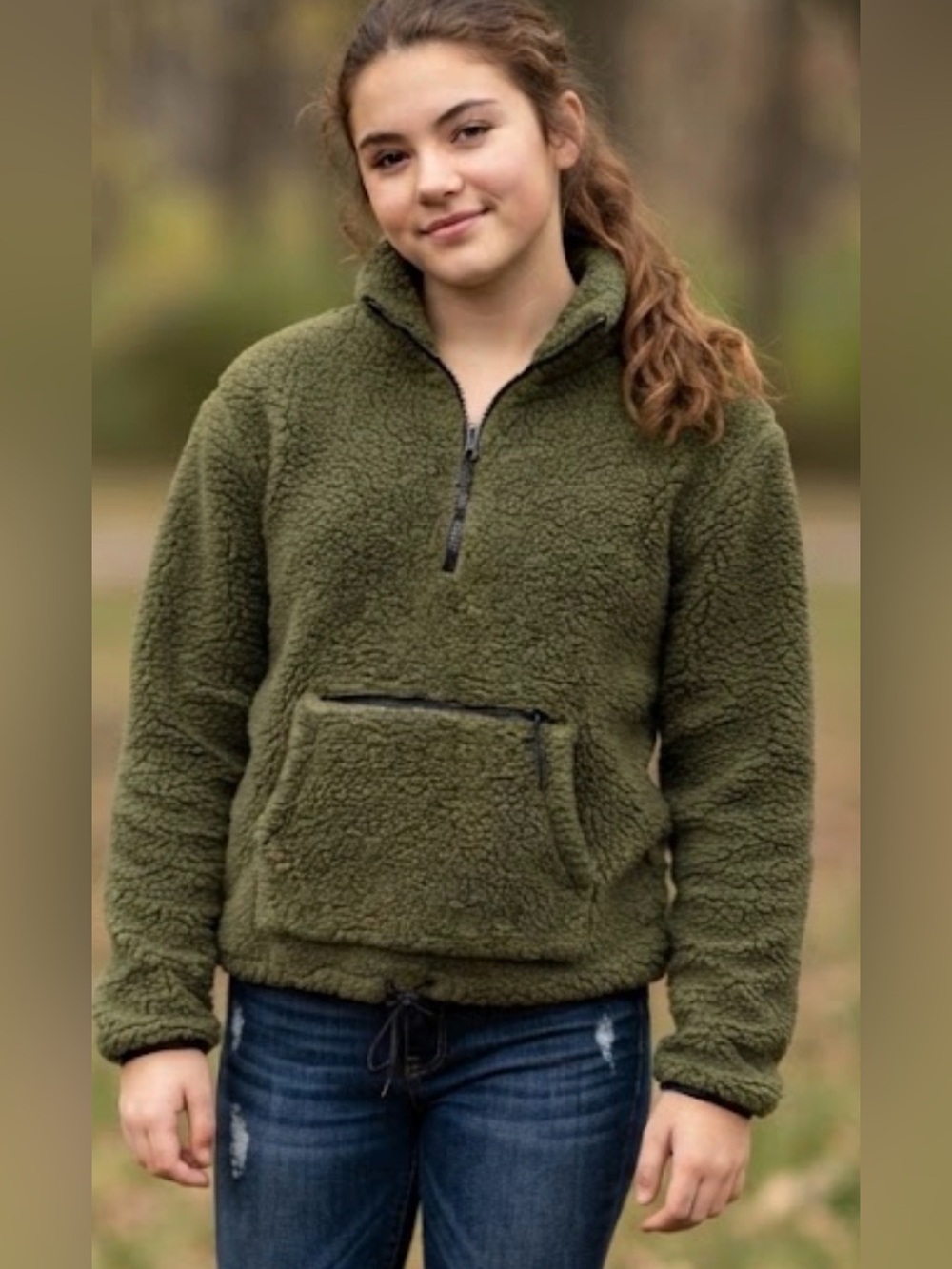 No Boundaries Olive Green Sherpa Half-Zip Pullover